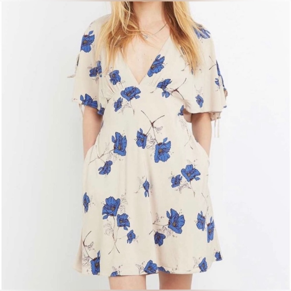 Free People Cream & Blue Floral Low Cut Mini Dress